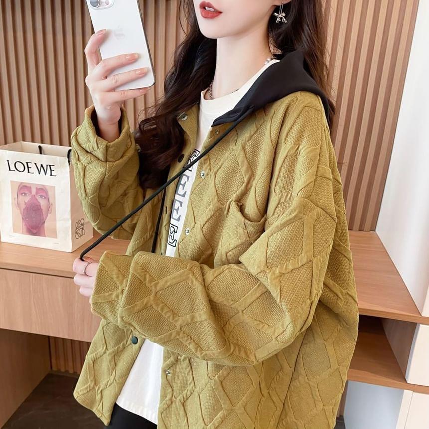 Two Tone Drawstring Hooded Button Jacket Product Image