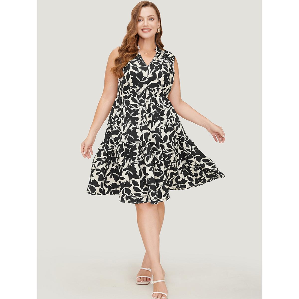 Plus Size Floral Ptrint Pocket Ruffle Tiered Stand Collar Tank Dress Black Women Elegant Tiered Stand-up collar Sleeveless Curvy Knee Dress BloomChic 10/M Product Image