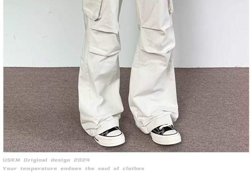 High Waist Plain Pocket Straight-Fit Wide-Leg Cargo Pants Product Image
