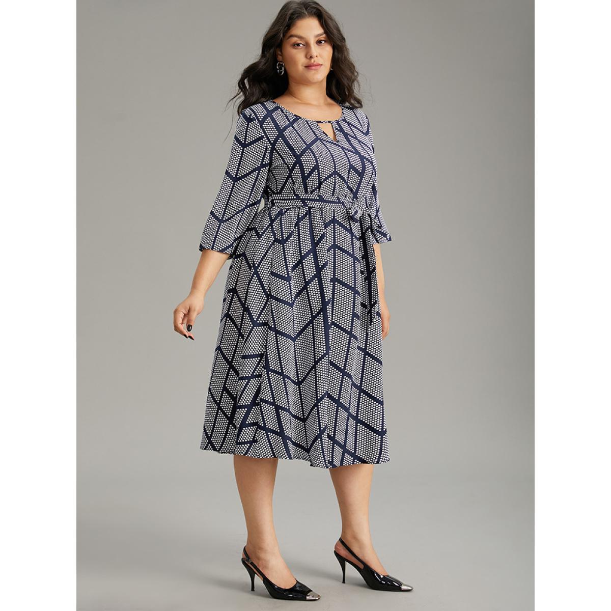 Plus Size Polka Dot Geometric Keyhole Belted Dress Indigo Women At the Office Belted Keyhole Cut-Out Half Sleeve Curvy Midi Dress BloomChic 10/M Product Image