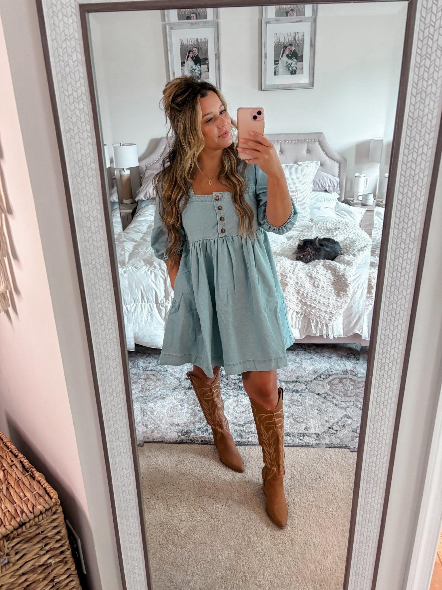 Denim Button Detail Babydoll Mini Dress Product Image