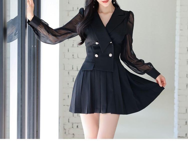 Long-Sleeve Plain Pleated Double-Breasted Mini A-Line Blazer Dress Product Image