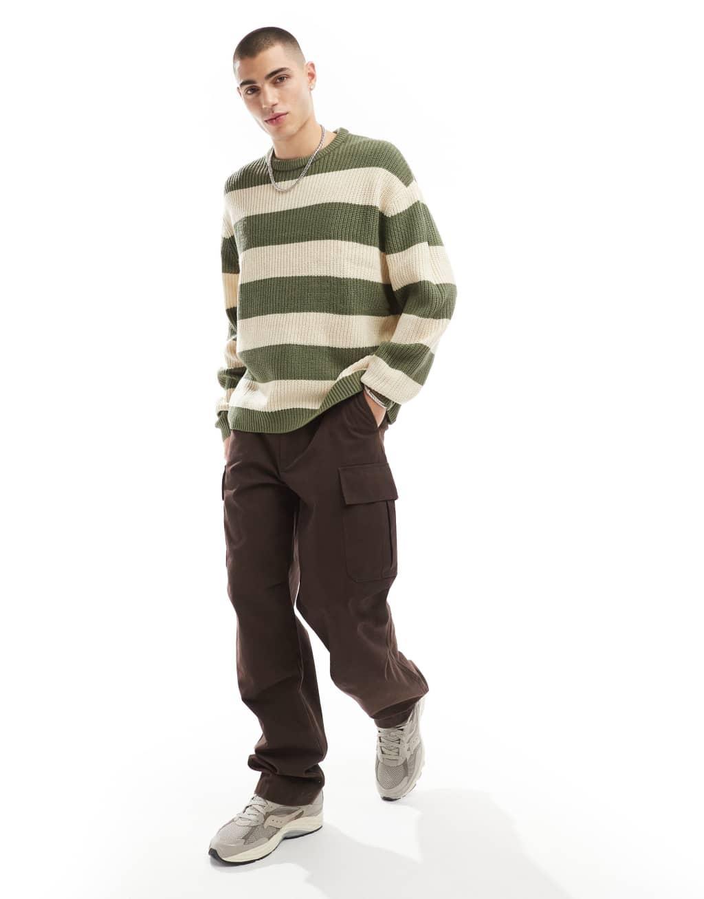 ASOS DESIGN oversized knit sweater in khaki stripe Product Image