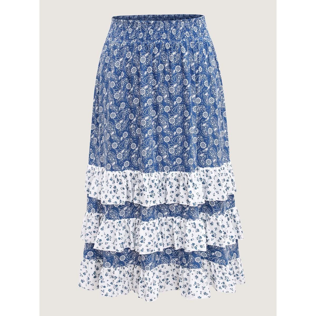 Plus Size Floral Patchwork Tiered Maxi Skirt Women Mediumblue Gathered Loose No stretch Side seam pocket Vacation Skirts BloomChic 18-20/2X Product Image