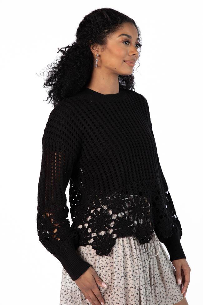 A Little Dramatic Black Flower Trim Crochet Sweater Product Image