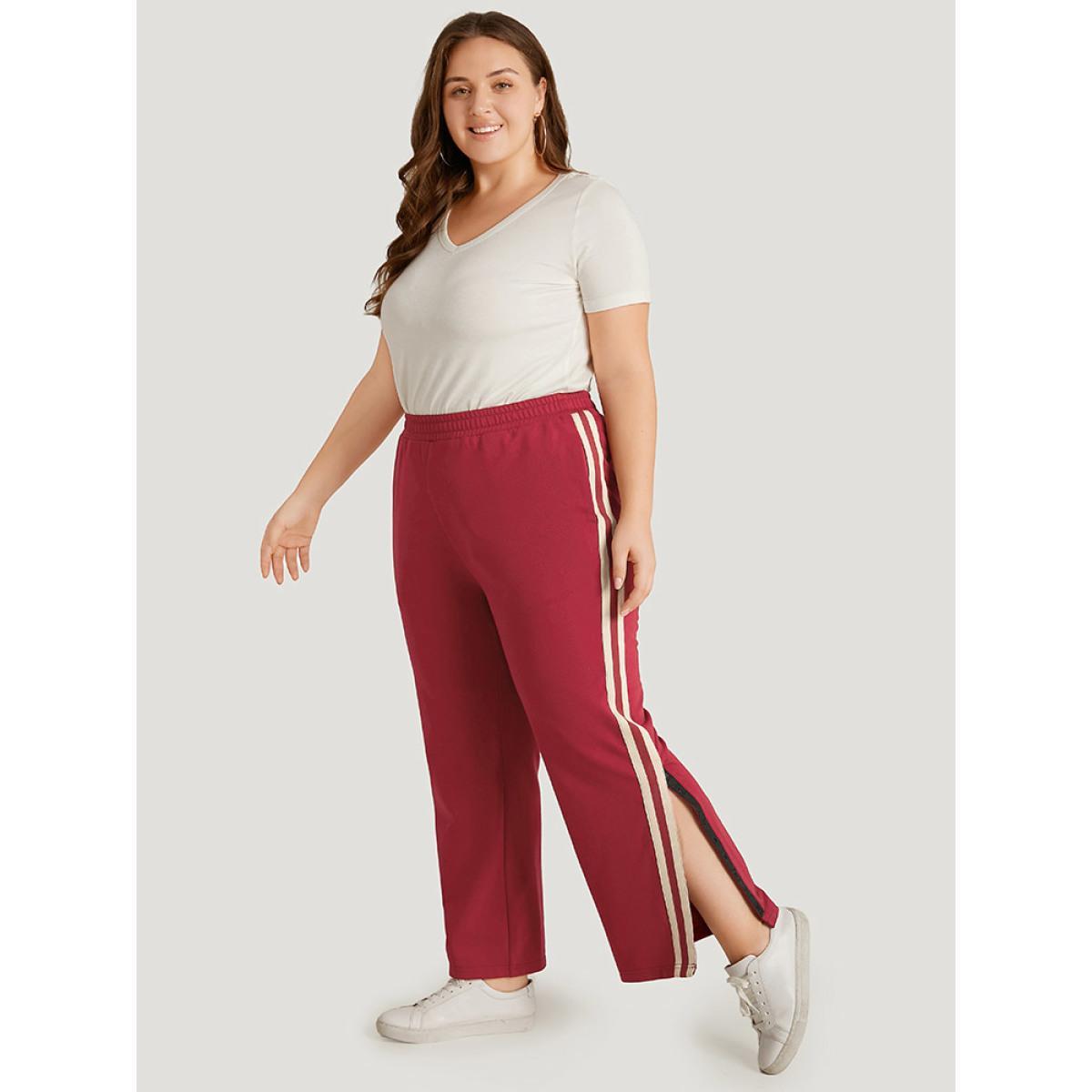Two Tone Pocket Split Side Elastic Waist Sweatpants Scarlet Plus Size Women Casual Dailywear Contrast 14-16/1X Bloomchic Product Image