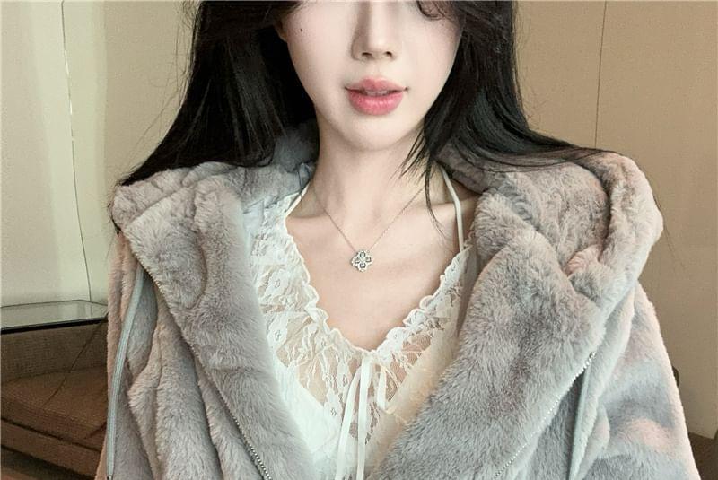 Plain Fluffy Zip-Up Crop Hoodie Product Image