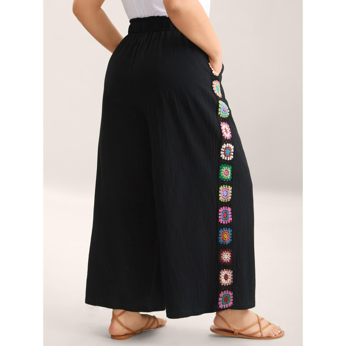 Plus Size Shirred Waist Wide-Leg Spliced Pants Women Black Resort Wide Leg Mid Rise Vacation Pants BloomChic 12/L Product Image