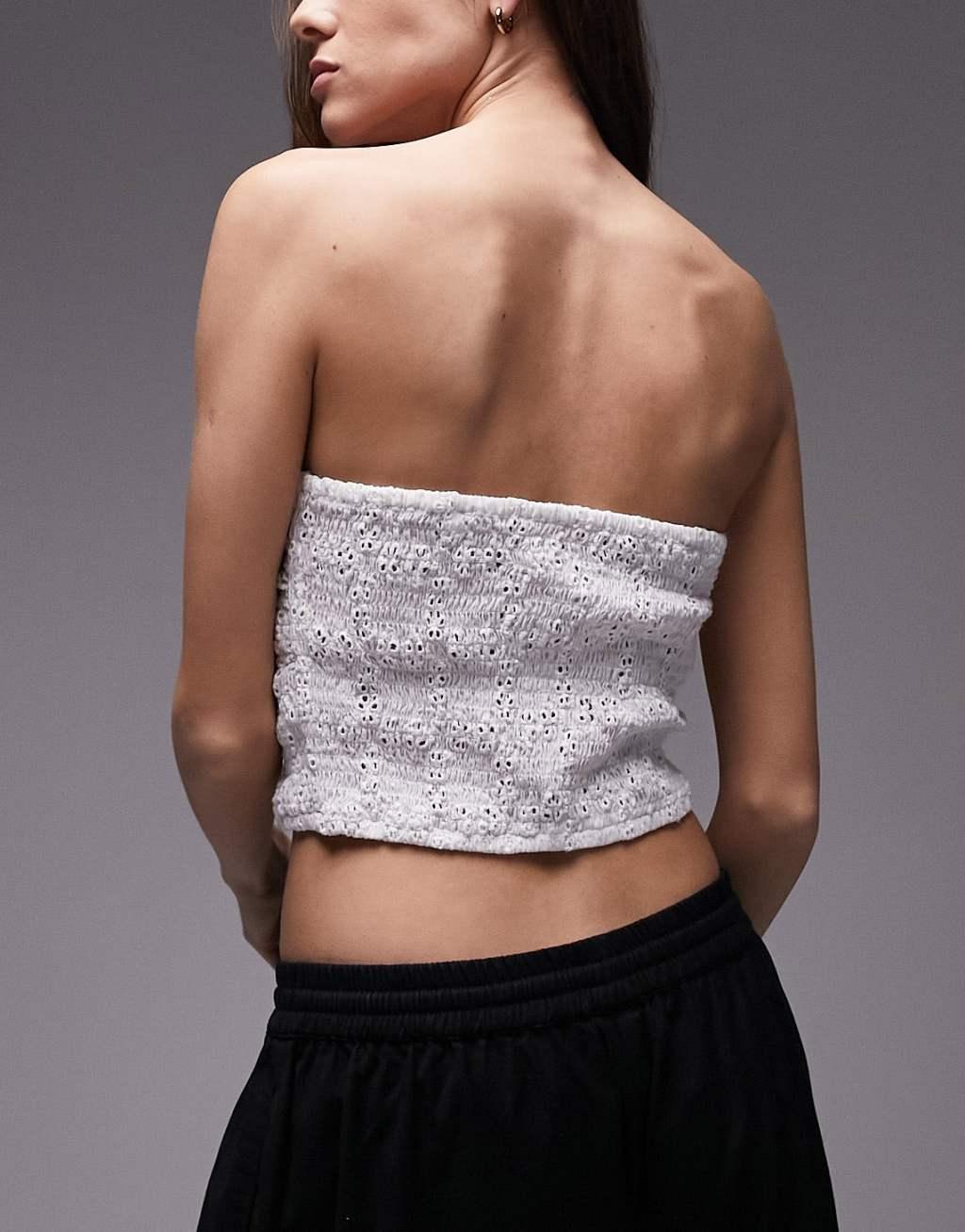 Topshop broderie shirred bandeau top in white - part of a set Product Image