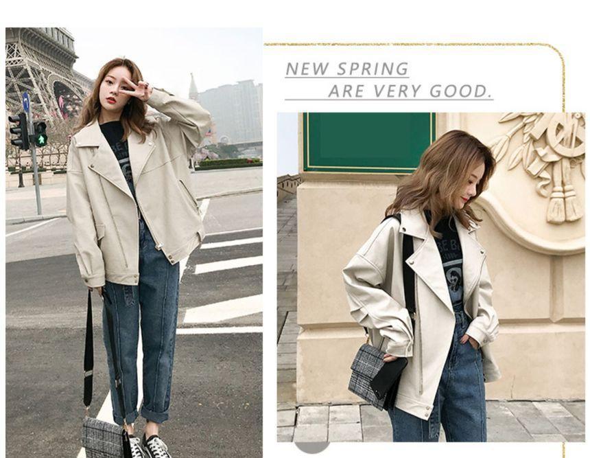 Faux Leather Zip Biker Jacket Product Image