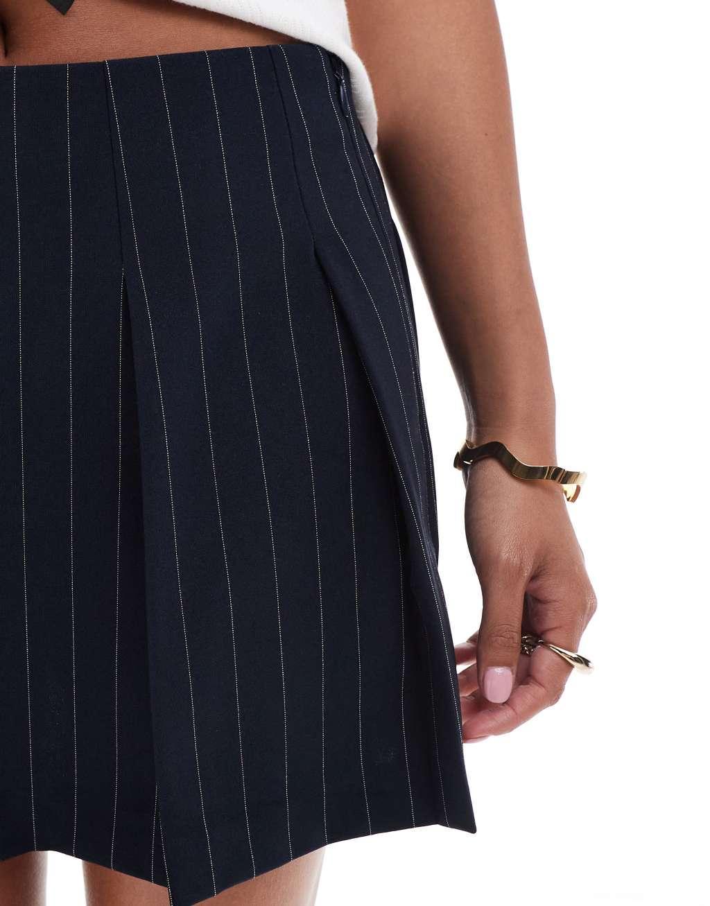 ASOS DESIGN Petite tailored pleated mini skirt in navy stripe Product Image