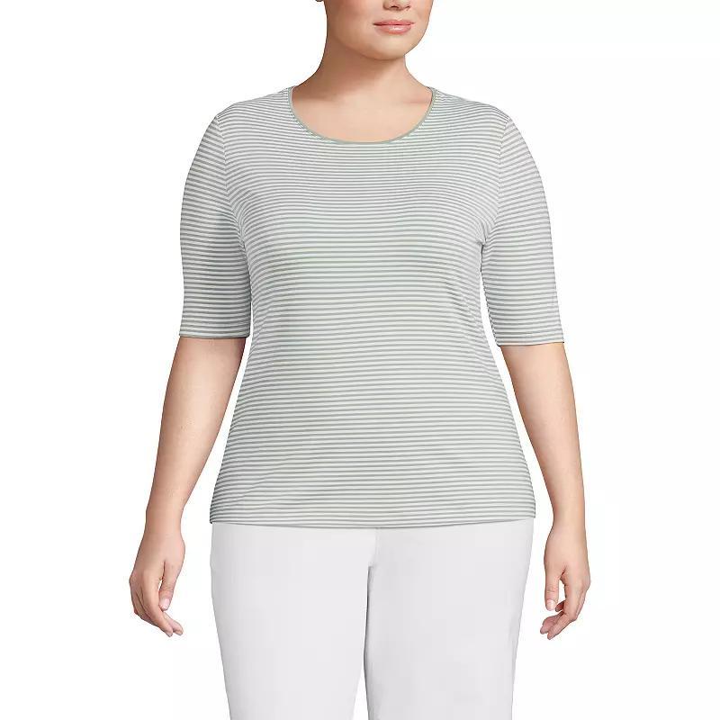 Plus Size Lands' End Elbow Sleeve Jersey Crewneck Top, Women's, Size: 1XL, White Green Stripe Product Image