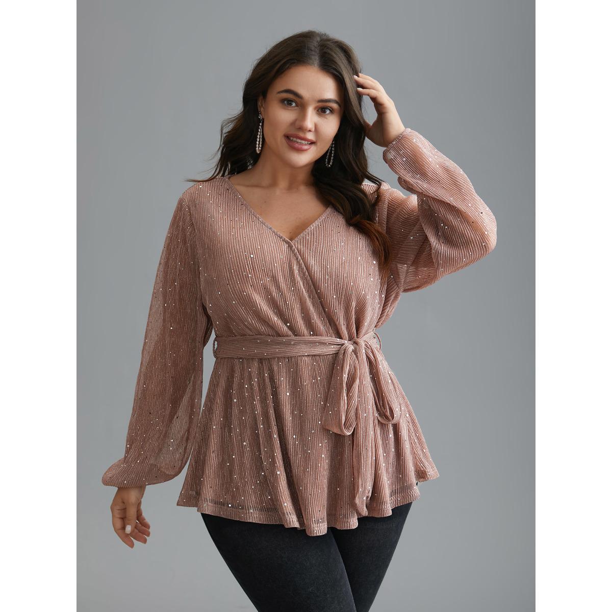 Plus Size Rouge Sequin Mesh Lantern Sleeve Wrap Belted Striped Blouse Women Cocktail Long Sleeve Overlap Collar Party Blouses BloomChic 28/5X Product Image