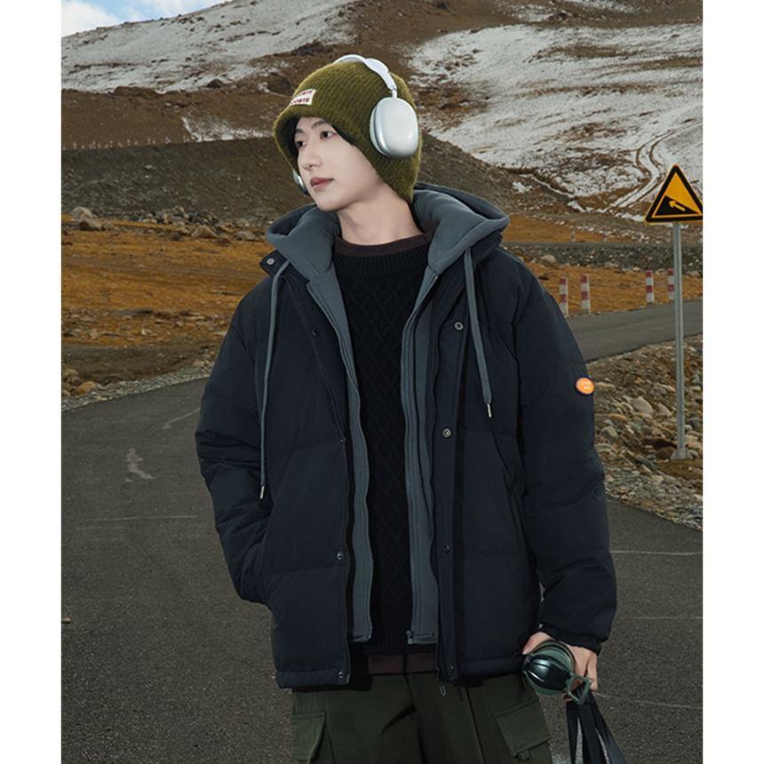 Mock Two-Piece Applique Drawstring Hooded Down Zip Jacket Product Image