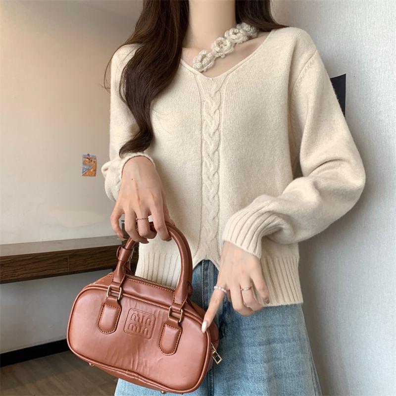 V-Neck Plain Crochet Floral Slit Cable Knit Sweater Product Image