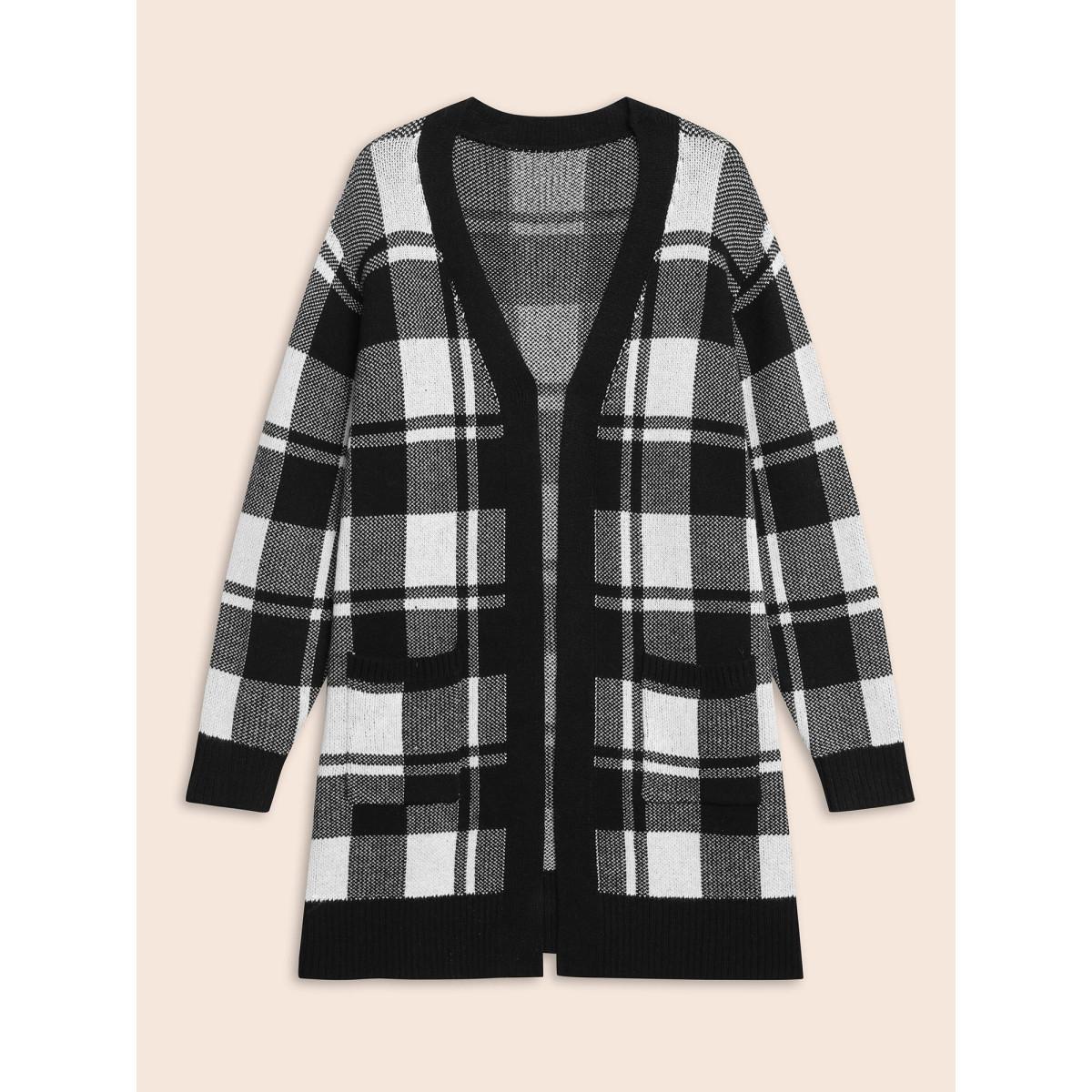 Plus Size Kimono Collar Plaid Slit Hem Cardigan Black Women Casual Loose Long Sleeve Everyday Cardigans BloomChic 26/4X Product Image