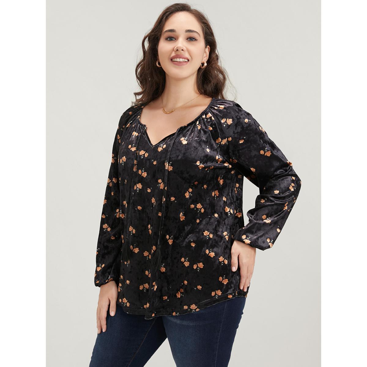 Plus Size Black Floral Lantern Sleeve Tassels Tie Neck Velvet Blouse Women Party Long Sleeve Tie Neck Going out Blouses BloomChic 22-24/3X Product Image