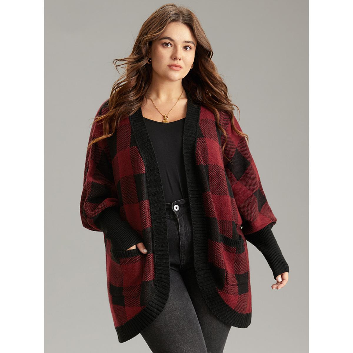 Plus Size Plaid Contrast Open Front Dolman Sleeve Cardigan Scarlet Women Casual Loose Long Sleeve Dailywear Cardigans BloomChic 28/5X Product Image
