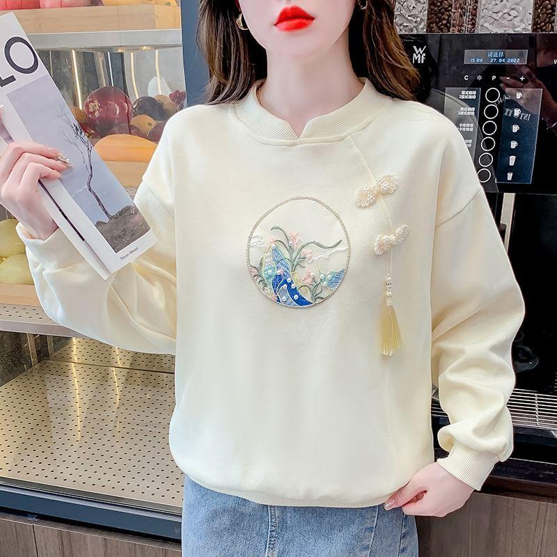 Stand Collar Floral Embroidered Faux Pearl Tassel Frog Buttoned Pullover Product Image