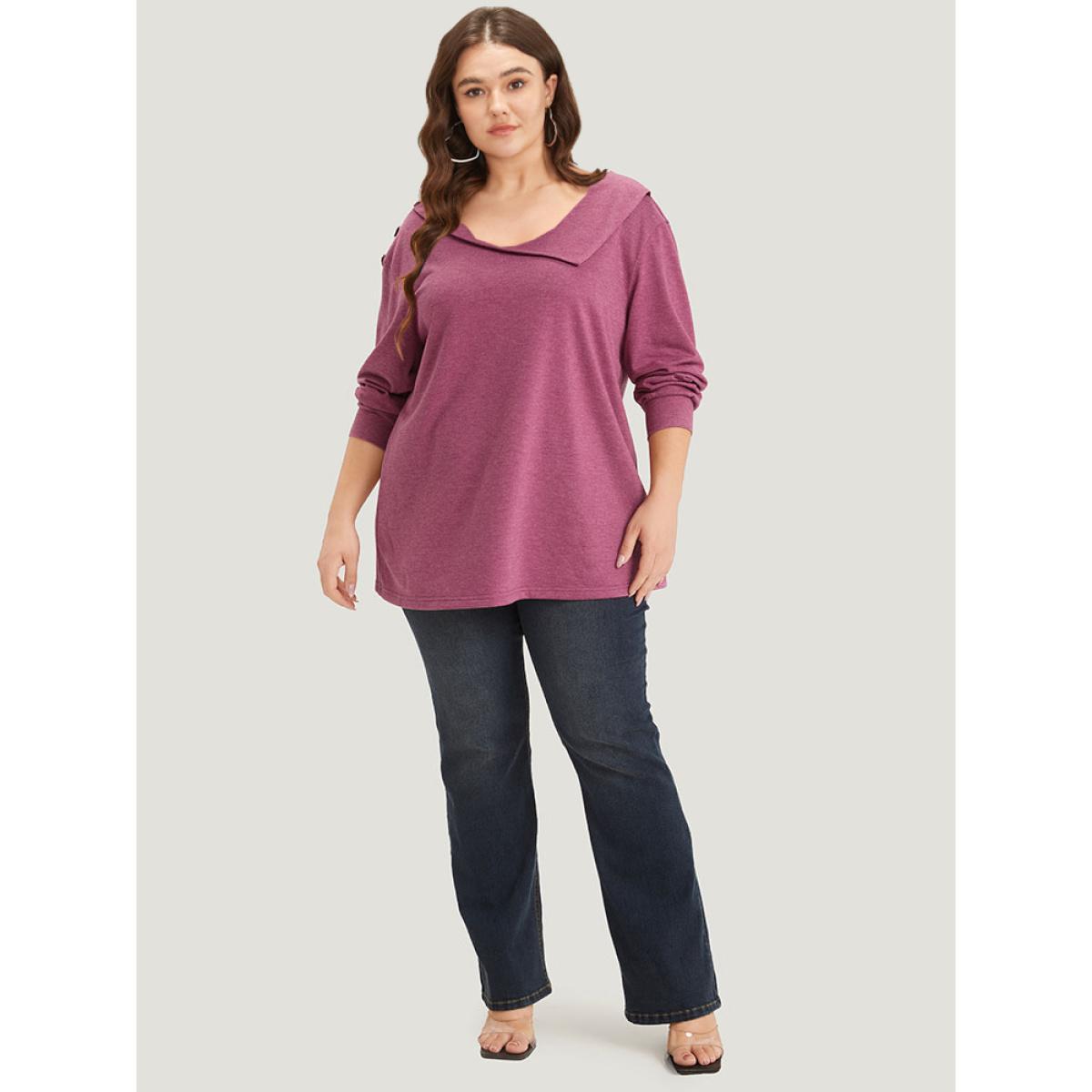 Plus Size Plain Elastic Cuffs Button Detail Asymmetrical Neck Sweatshirt Women RedViolet Elegant Elastic cuffs Round Neck Dailywear Sweatshirts BloomChic 22-24/3X Product Image
