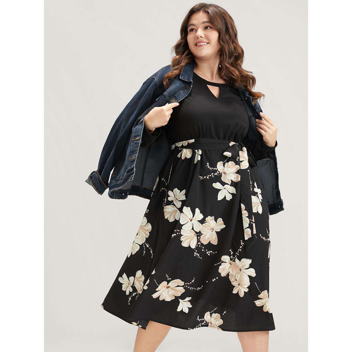 Plus Size Floral Print Keyhole Round Neck Pocket Belted Dress Multicolor Women Elegant Belted Round Neck Long Sleeve Curvy Midi Dress BloomChic 26/4X Product Image