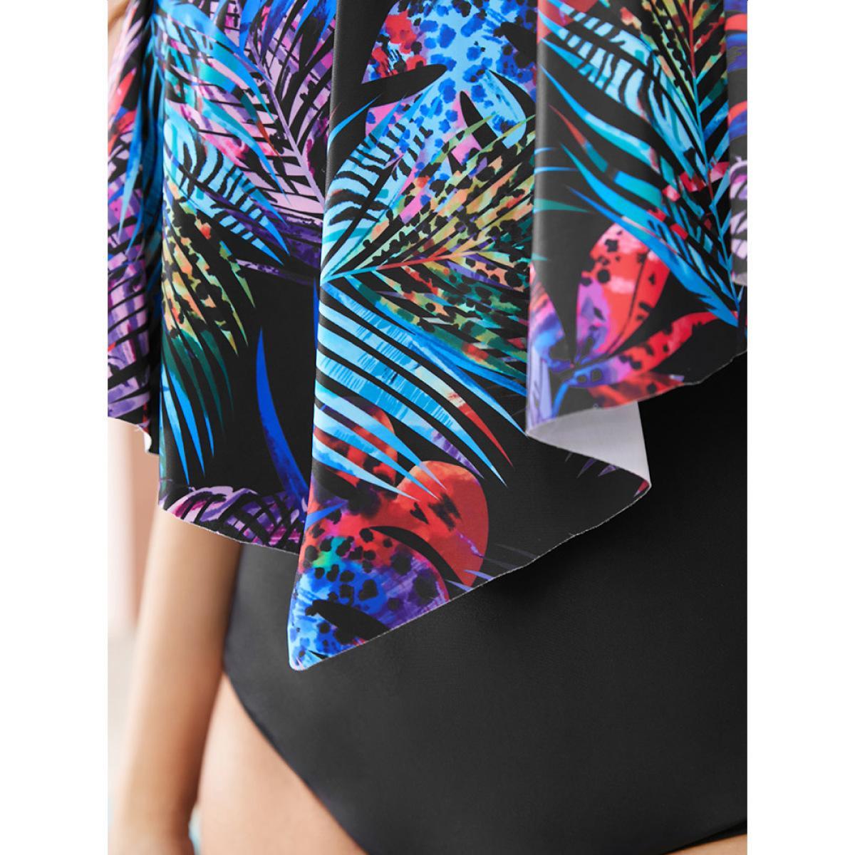 Plus Size Tropical Print Ruffle Trim One Piece Swimsuit Women's Swimwear BlackFlower Vacation Adjustable Straps Curve Bathing Suits High stretch One Pieces BloomChic 30/6X Product Image