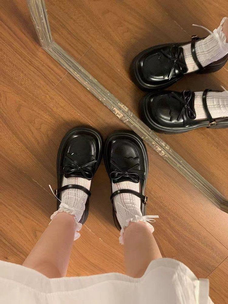 Platform Plain Bow Accent Faux Leather Mary Jane Loafers Product Image
