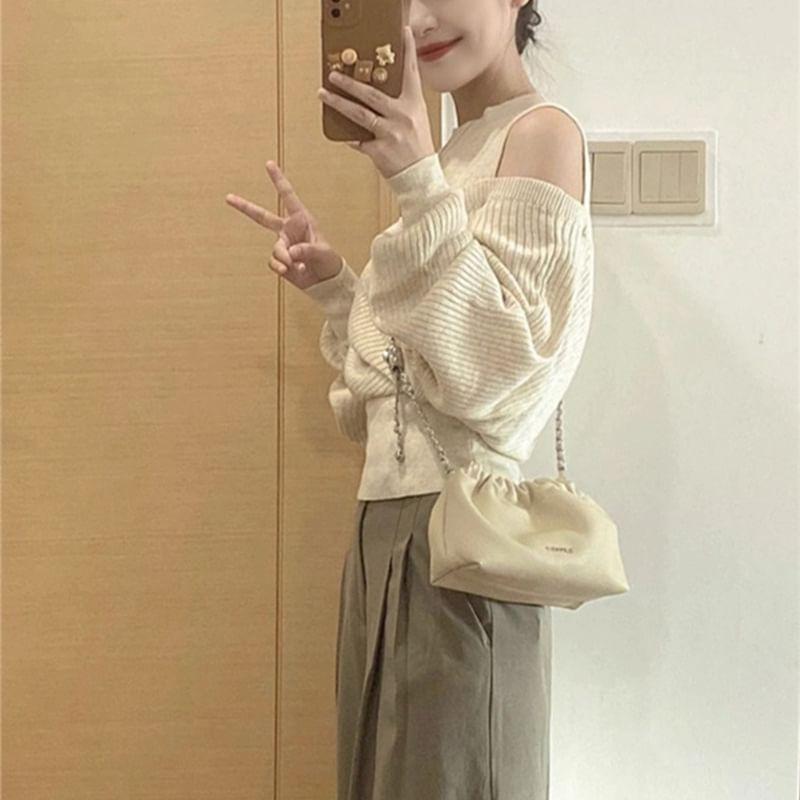 Cold Shoulder Plain Mock Two Piece Wrap Sweater Product Image