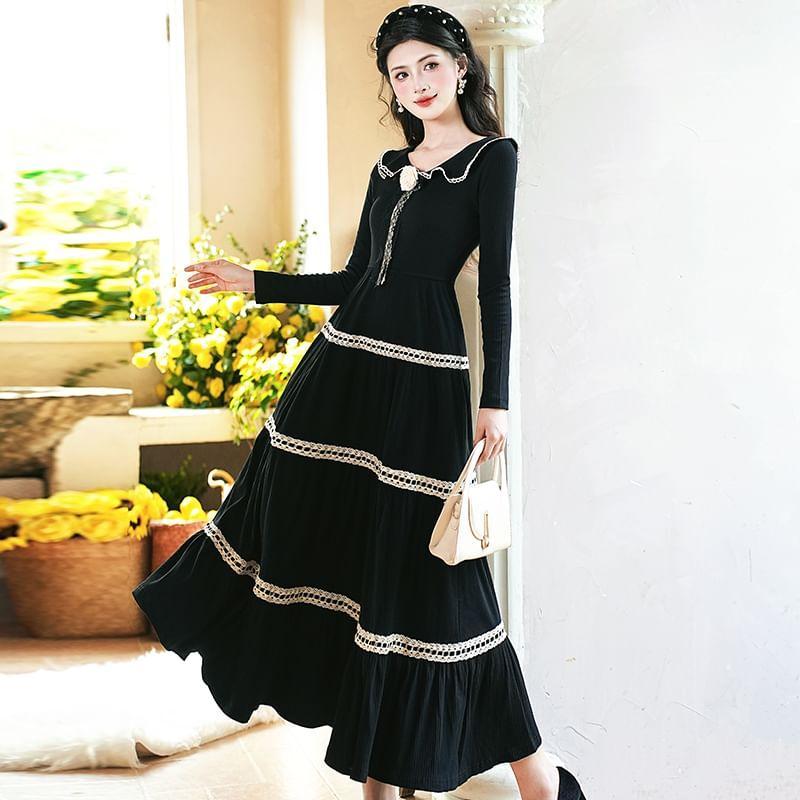 Long Sleeve Peter Pan Collar Contrast Trim Tiered Midi A-Line Dress Product Image