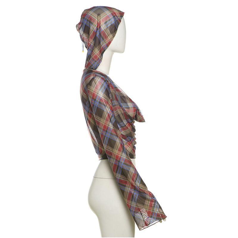 Flared-Sleeve Cowl Neck Plaid Cropped T-Shirt Product Image