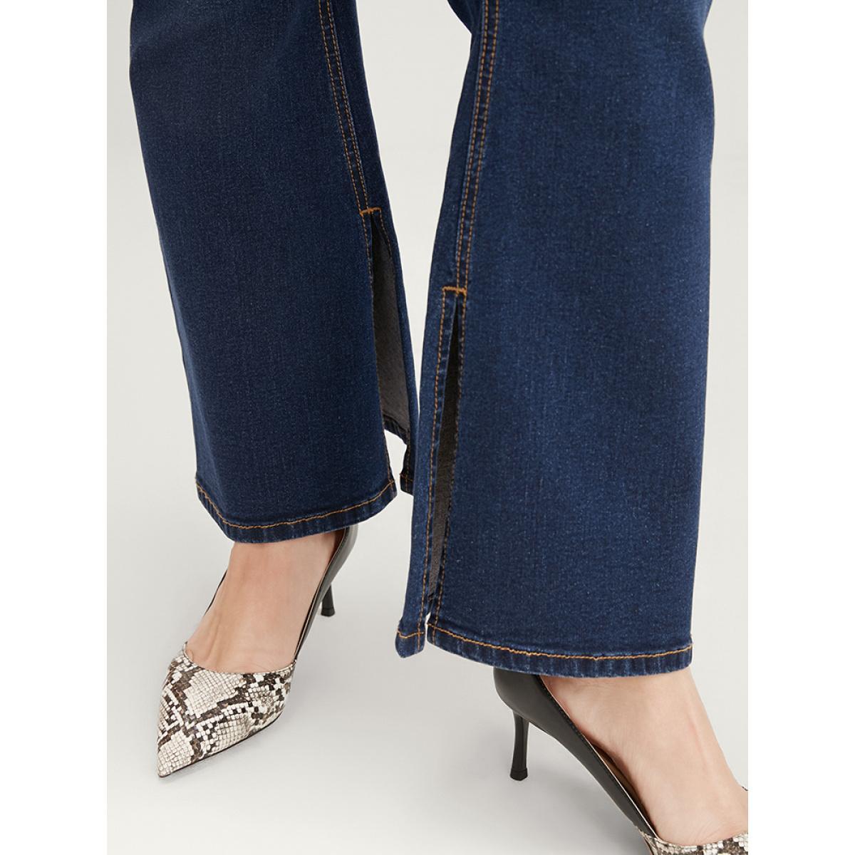 Plus Size Bootcut Very Stretchy High Rise Dark Wash Split Hem Jeans Women DarkBlue Casual Plain Pocket High stretch Side seam pocket Jeans BloomChic 10/M Product Image