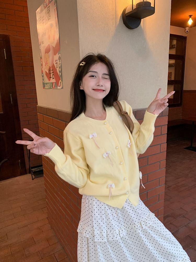 Round Neck Plain Bow Cardigan Product Image