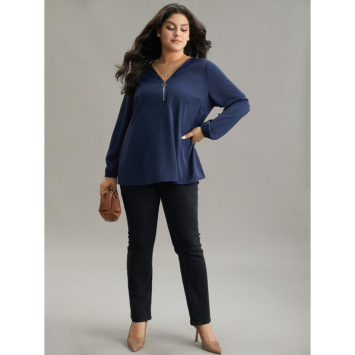 Plus Size Aegean Static-Free Plain Zipper Elastic Cuffs Blouse Women Office Long Sleeve V-neck Work Blouses BloomChic 12/L Product Image