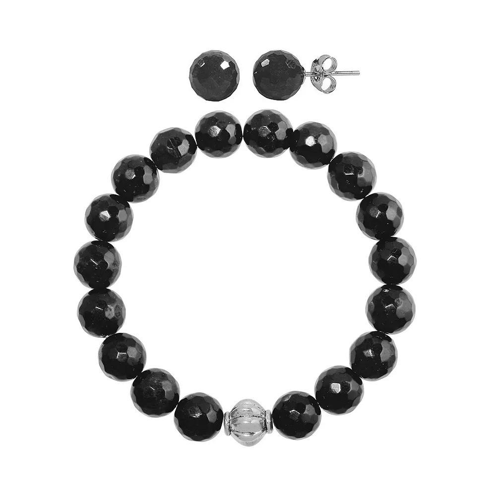 Faceted Agate 2-piece Stud Earrings & Bracelet Set, Women's, Size: 7.5", Black Product Image