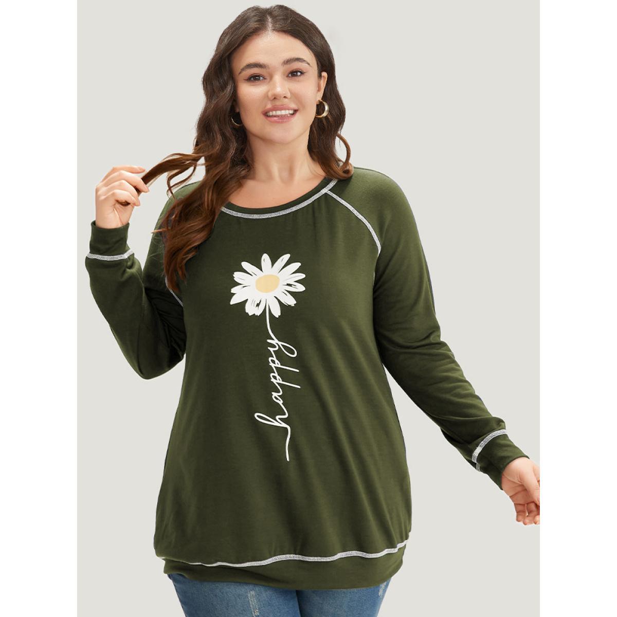 Plus Size Floral Print Stitch Crew Neck Raglan Sleeve Sweatshirt Women ArmyGreen Casual Elastic cuffs Dailywear Sweatshirts BloomChic 10/M Product Image
