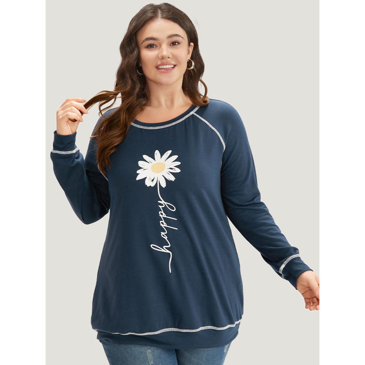 Plus Size Floral Print Stitch Crew Neck Raglan Sleeve Sweatshirt Women Gray Casual Elastic cuffs Dailywear Sweatshirts BloomChic 30/6X Product Image
