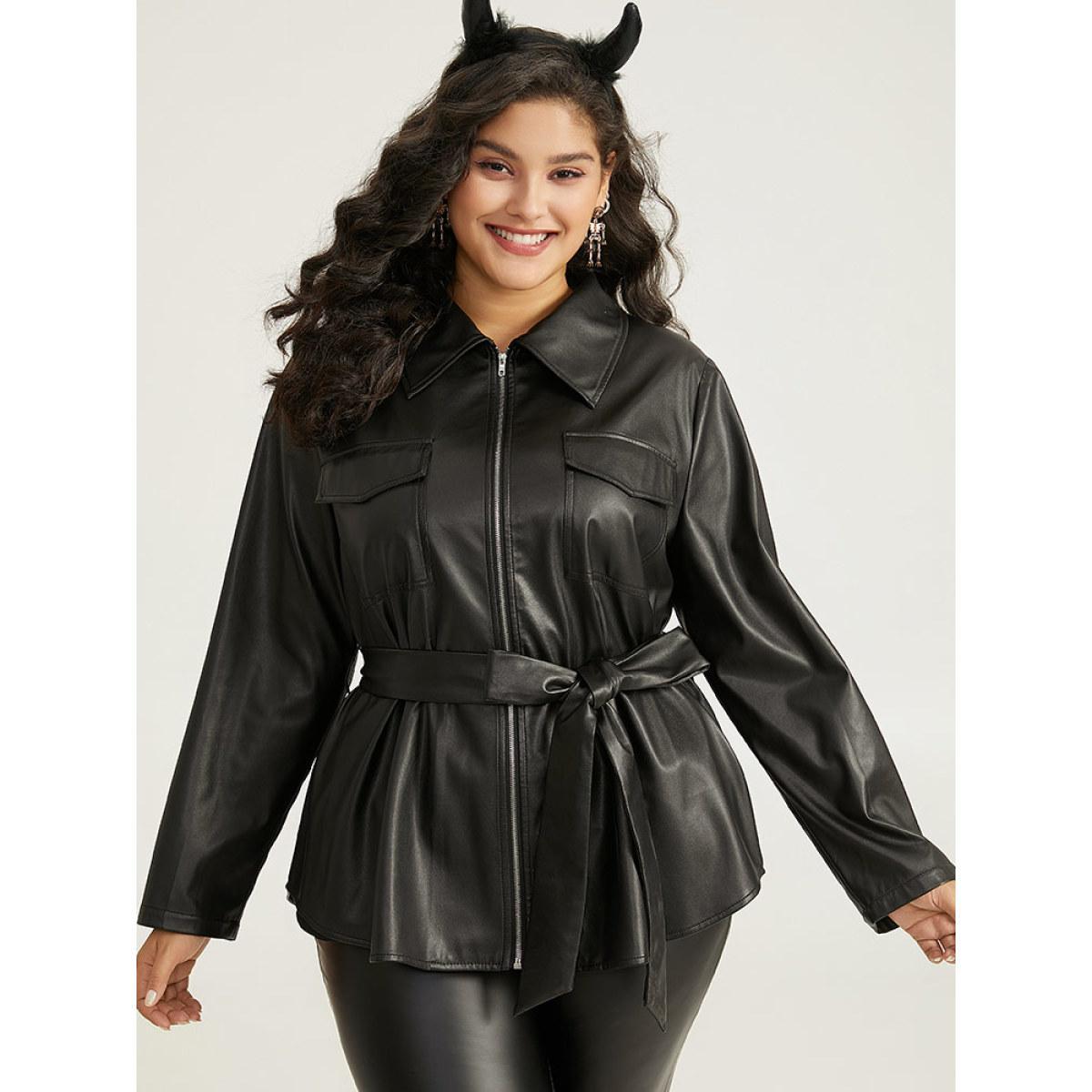 Plus Size Plain PU Leather Knot Pocket Zipper Belted Jacket Women Black Plain Pocket Belt Dailywear Jackets BloomChic 28/5X Product Image