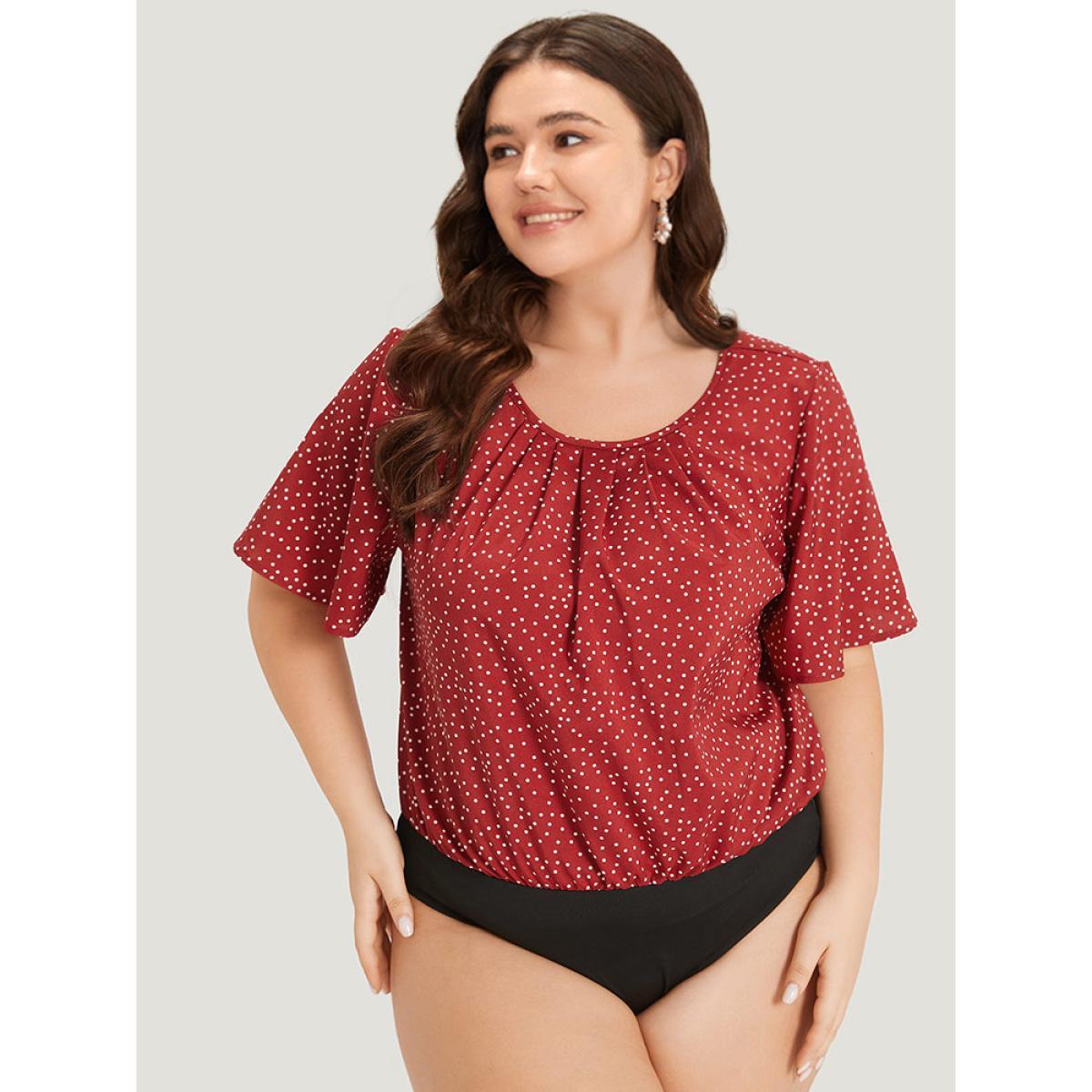Plus Size Polka Dot Elastic Waist Plicated Detail Ruffle Sleeve Bodysuit Women Red Polka Dot Pleated Bodysuits BloomChic 22-24/3X Product Image