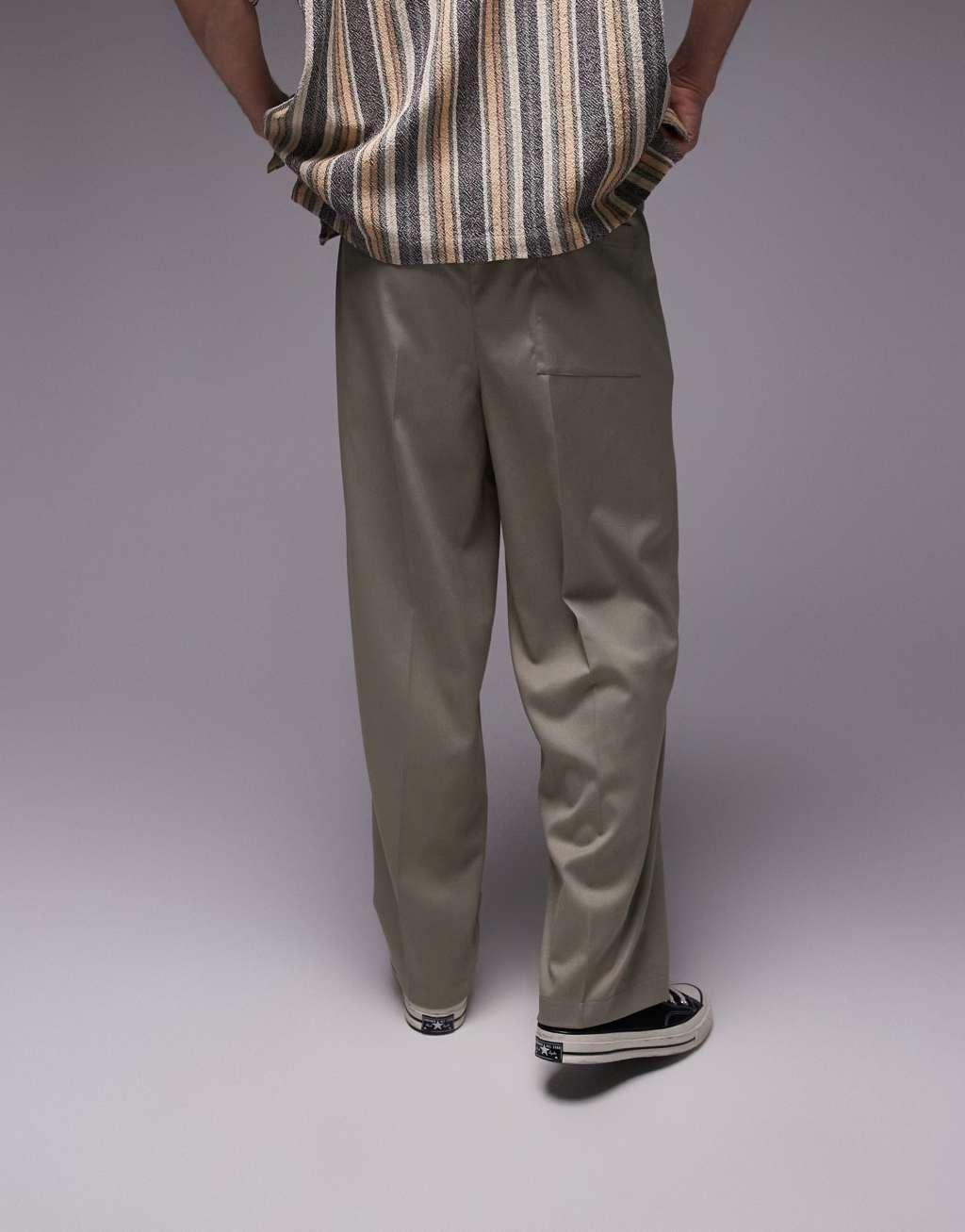Topman wide leg sweatpants with elastic tie waist in khaki Product Image