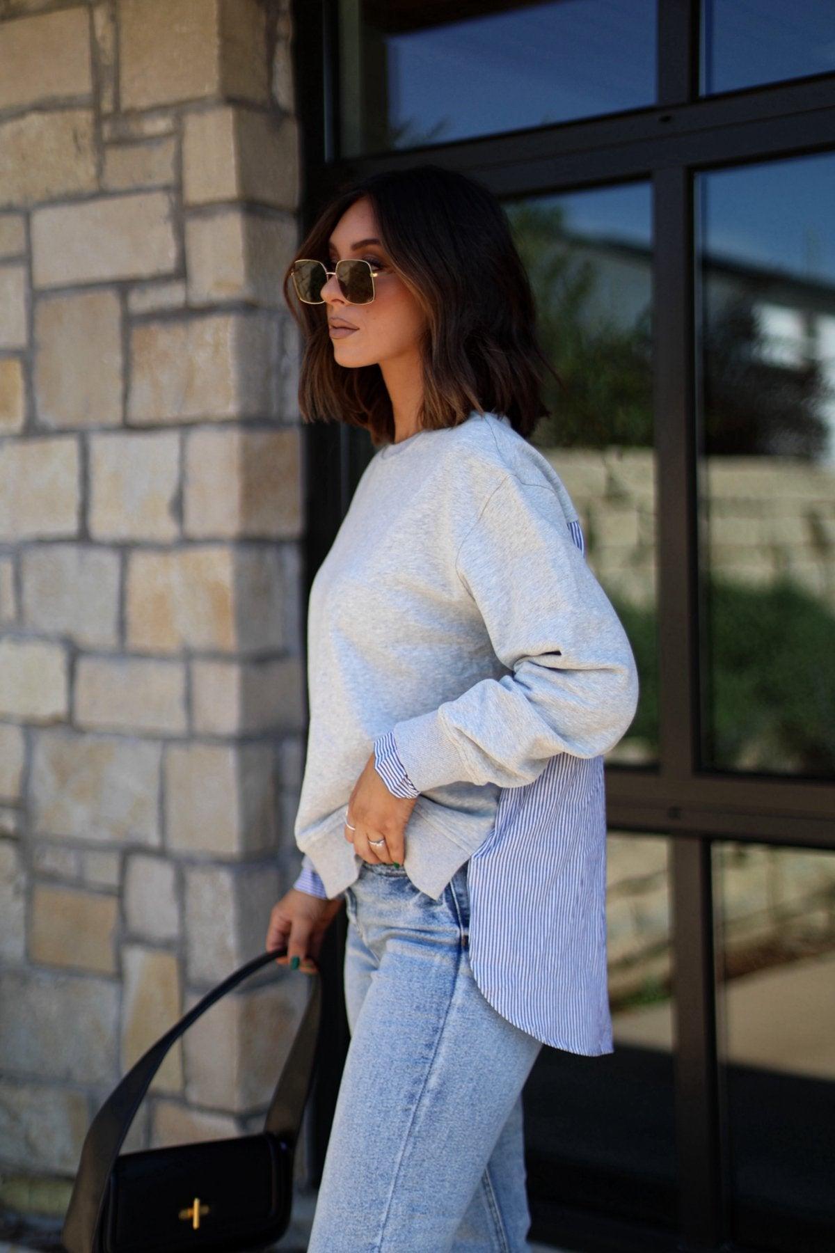 Grey and Ivory Stripe Layered Sweatshirt Product Image