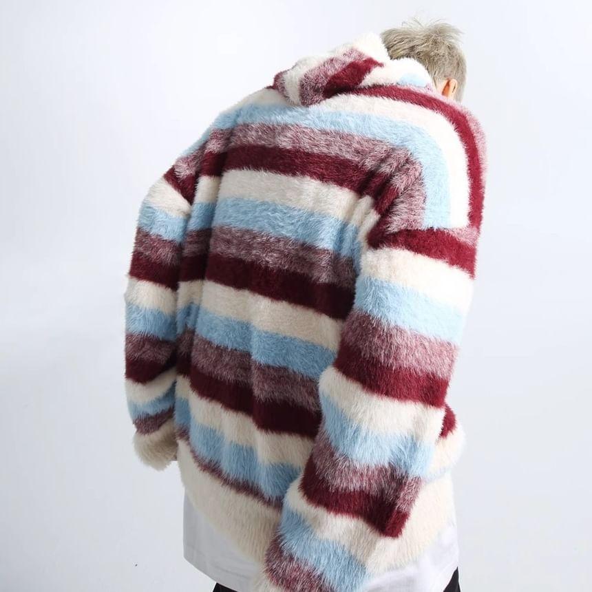 Color Block Fluffy Knit Hoodie Product Image