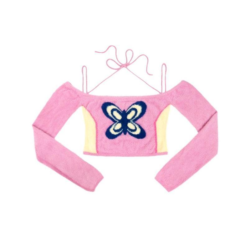 Long Sleeve Cold Shoulder Butterfly Print Crop Knit Top Product Image
