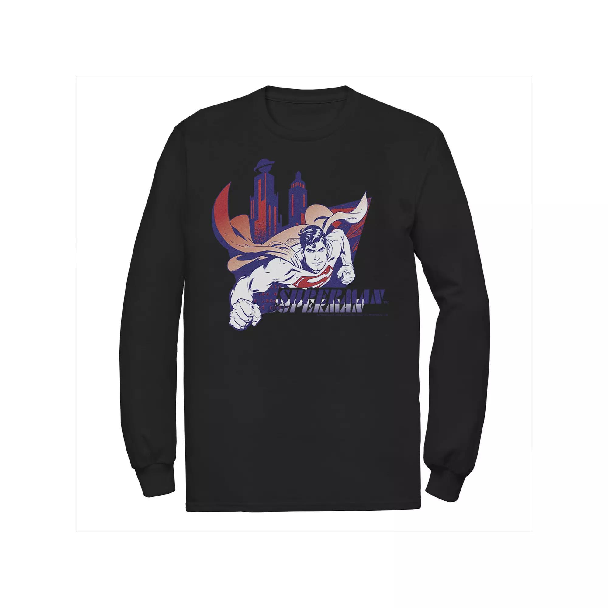 Mens DC Comics Superman Daily Planet Skyline Flying Poster Long Sleeve Graphic Tee Product Image