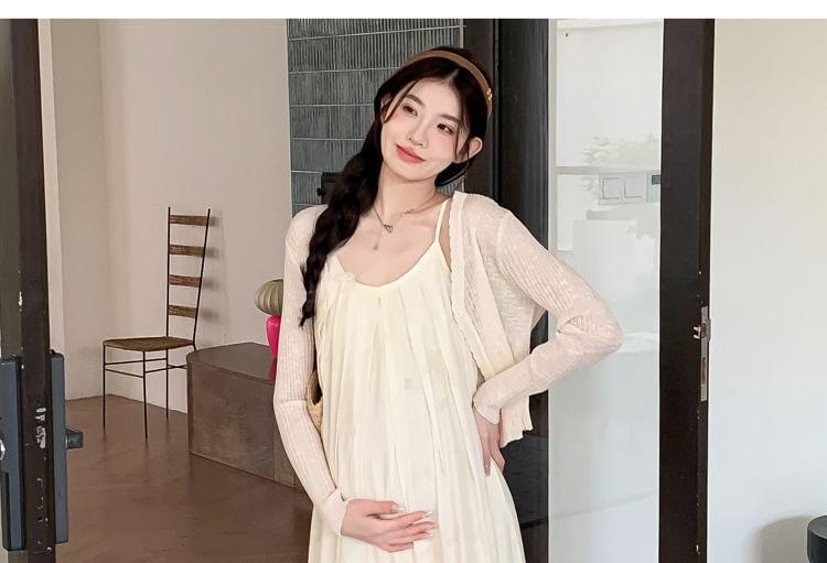 Maternity Spaghetti Strap Scoop Neck Floral Maxi A-Line Dress / Plain Light Cardigan Product Image