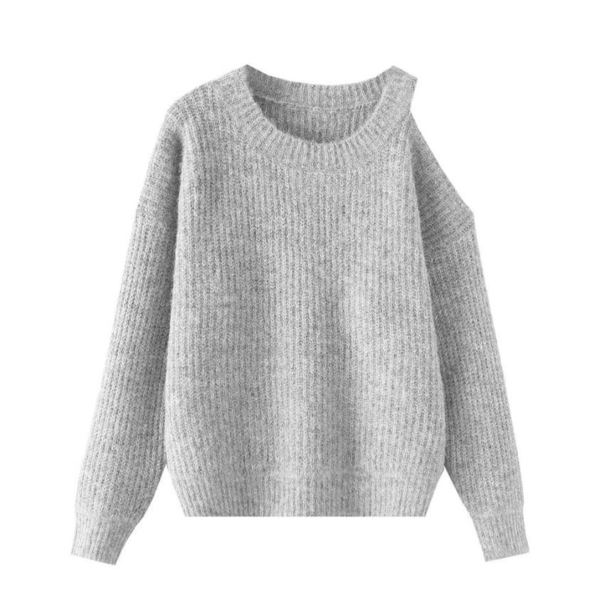 Round Neck Cold Shoulder Plain Sweater Product Image