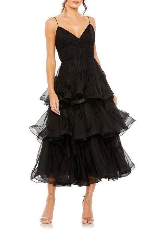 Mac Duggal V Neckline Spaghetti Strap Tiered Dress Product Image