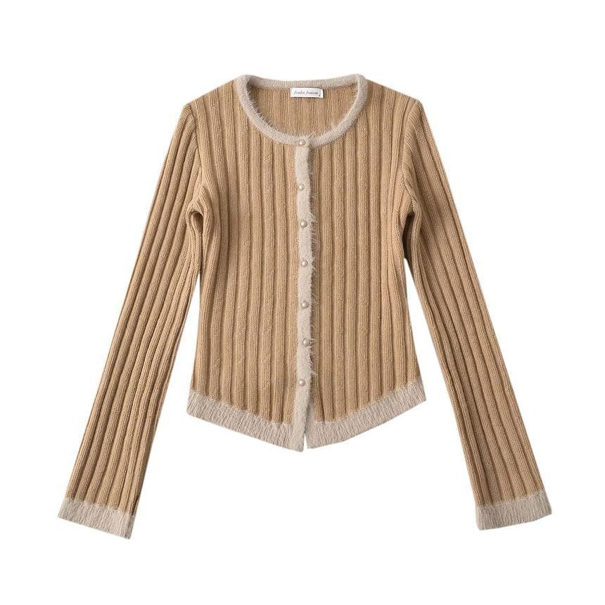 Plain Ribbed Button-Up Cardigan Product Image