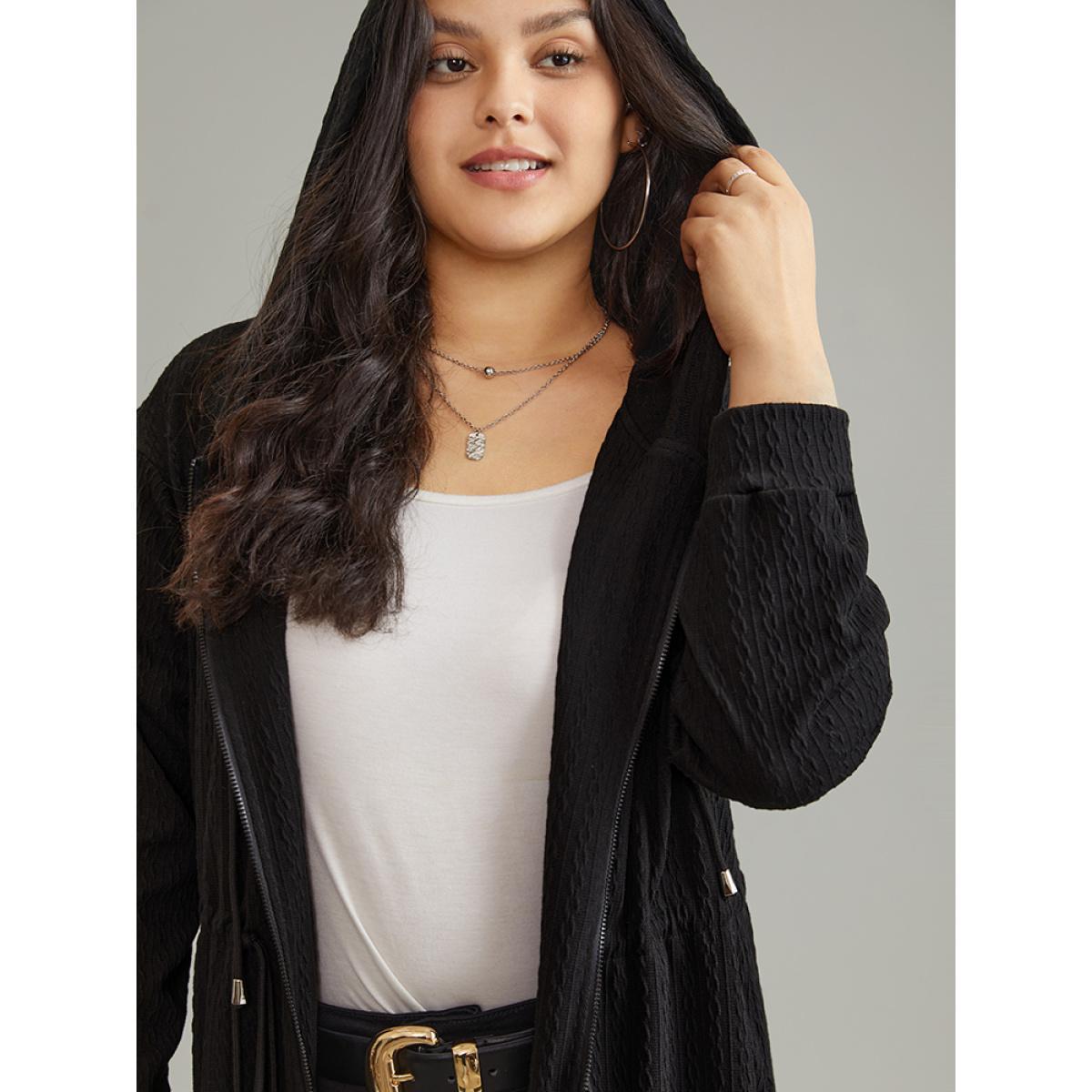 Plus Size Plain Zipper Elastic Waist Drawstring Coat Women Black Casual Plain Ladies Dailywear Winter Coats BloomChic 30/6X Product Image