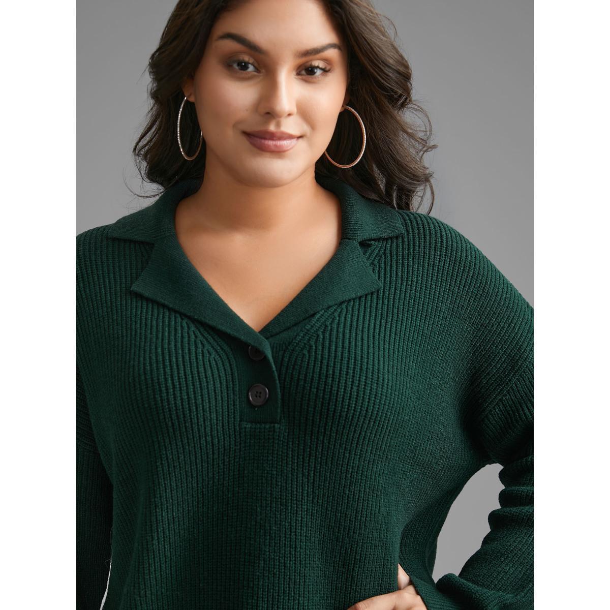 Plus Size Supersoft Essentials Textured Button Up Pullover DarkGreen Women Casual Loose Long Sleeve Suit Collar Everyday Pullovers BloomChic 30/6X Product Image