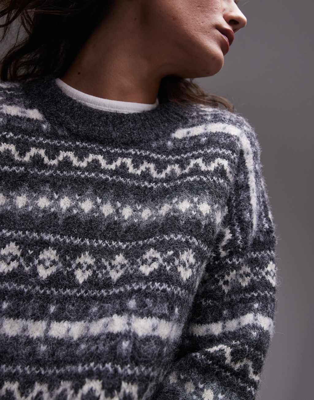 Topshop knitted all over fairisle print oversized sweater in gray Product Image